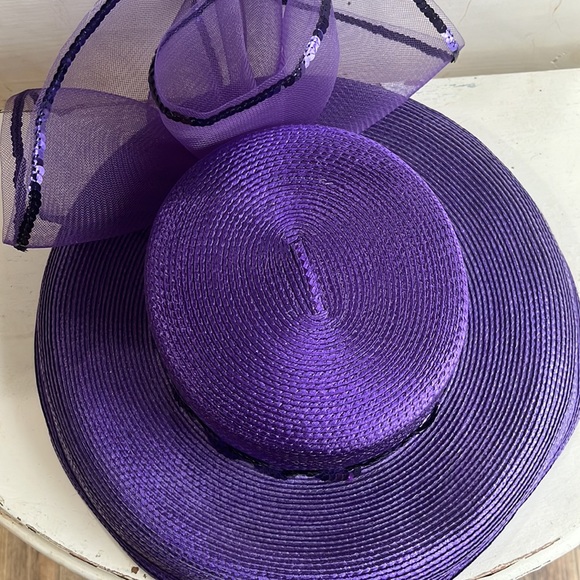Royal Purple Fancy Kentucky Derby Hat w/ Mesh Bow & Sequins- Sunday Easter Hat - Picture 11 of 13
